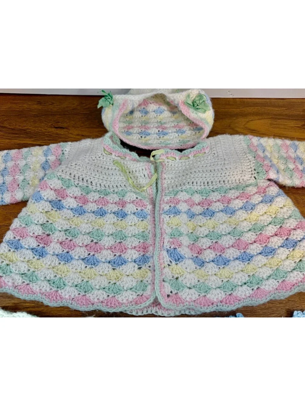 Vintage Handmade Crochet Baby Sweater Set 6-12M Pastel Bonnet Booties Heirloom
